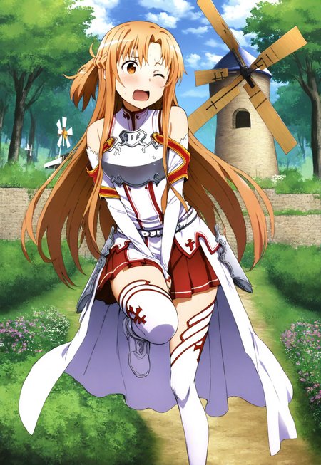 safe_pos, masterpiece, best quality, rating_3, 1girl, solo, asuna_\(sao\), long_hair, skirt, red_skirt, detached_sleeves,  windmill, white_thighhighs, brown_hair,  brown_eyes, breastplate, solo, pleated_skirt, miniskirt, white_belt, holding crotch, desperation, running, nervous, panicking, one eye closed outdoors, nature, bushes