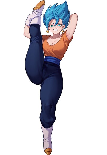 score_9, score_8_up, score_7_up, score_6_up, lady vegetto blue, blue hair, blue eyes, spiked hair, super Saiyan blue, earrings, dark blue dougi, blue obi, orange undershirt,  smug, boots, white gloves, 1girl, solo, slim waist, thick thighs, standing on one leg,standing split,leg hold,leg lift, full body, bedroom