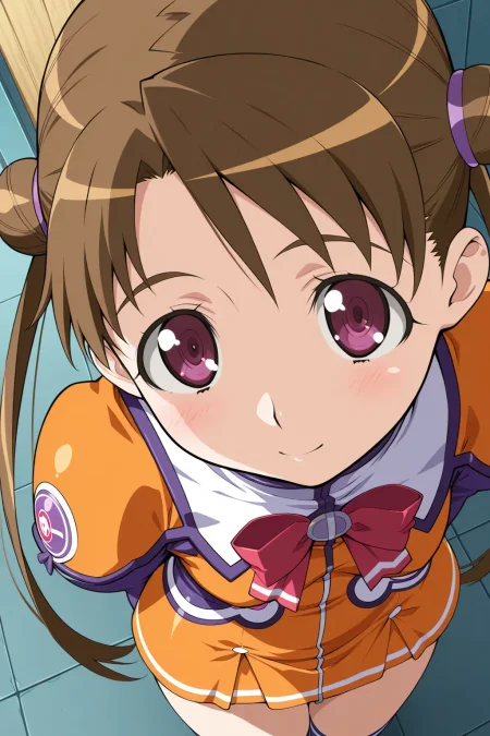 masterpiece, best quality, stellvia_katase_shima_ilxl, 1girl, solo,  <lora:stellvia_katase_shima_ilxl:0.9>, orange shirt, orange skirt, from above, looking at viewer, from front