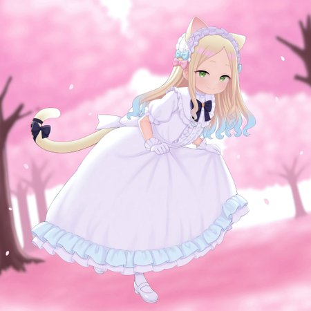 atg_(wttoo0202) , 1girl, catgirl, green eyes, blonde cat ears, blonde cat tail, blonde hair, two-tone hair, gradient hair, multicolored hair, pink tips, pink highlights, pink streaks, masterpiece, best quality, absurdres, 
(pastel theme, lolitafashion:1.2), pastel lolitafashion, sweet lolitadress, shiny lolitadress, victorian dress, kawaii, cute, moe, puffy padded dress, petticoat, puffy sleeves, pastel colors, pastel pink, pastel blue, frilled wide skirt, white pantyhose, pastel dress, puffy sleeves, gloves, pastel headdress, many bows, multiple bows, ribbons, frills, frilled fabric, center frills, sparkles, glitter, cute lolitashoes, leg ribbon, tail ornament, tail ribbon, tail bow,
outdoors, nature, park, cherry blossom trees,
(solo:1.2), from side, full body, dynamic pose, dutch angle, looking at viewer, happy smile, curtsey, skirt hold, watson cross, bowing, leaning forward,
intricate, highly detailed, majestic, shallow depth of field, movie still, circular polarizer