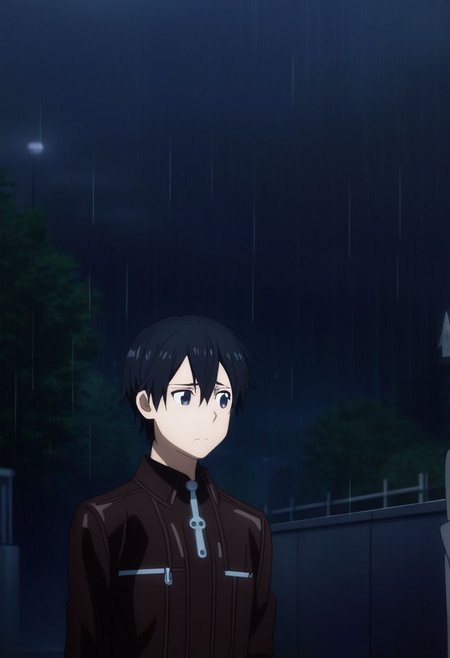 high resolution, professional photography, best quality, 1Boy, Kazuto Kirigaya, Black Hair, Black Eyes, heavy rain, downtown, night, looking down, sad, leather jacket, looking away, OverallDetail
