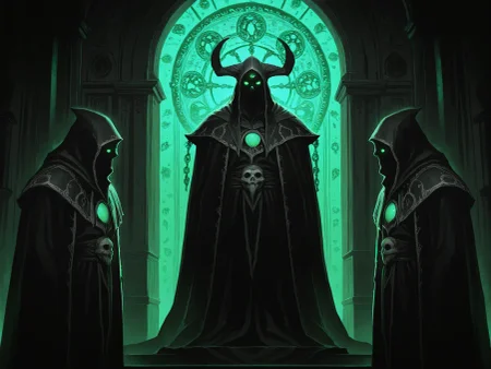best quality, masterpiece, amazing details, absurdres, gritty textures, film grain, amazing quality, amazing colors, amazing shading, amazing linework, intricate details, intricate patterns, absurd level of detail, best realistic lighting, best shadows,
 multiple men,  group of cultists in cult garb summoning a demon, realistic, <lora:[Activision Blizzard] World Of Warcraft Promotional Art Style 2.0 Illustrious:1> worldofwarcraftartstyleil