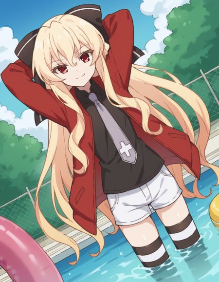score_9, score_8_up, score_7_up, source_anime, <lora:leticia-draculea-s1-ponyxl-lora-nochekaiser:1>, leticia draculea, long hair, blonde hair, red eyes, very long hair, sidelocks, hair bow, black hair bow,, shirt, black shirt, jacket, red jacket, necktie, shorts, thighhighs, striped thighhighs,, pool, water, lifeguard, swim lane, float, smile, hands behind head,, looking at viewer, solo,, dutch angle, cowboy shot