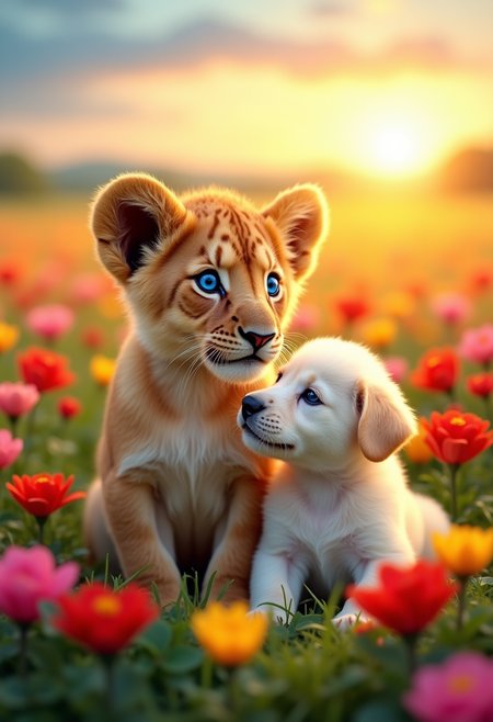 This is a vibrant, high-resolution photograph capturing a heartwarming scene of a lion cub and a puppy nestled together in a colorful flower field. The lion cub, with its striking blue eyes and light brown fur, is positioned slightly in front of the puppy, creating a protective pose. The puppy, with its white fur and floppy ears, appears to be looking up at the lion cub with a curious expression. Both animals have soft, fluffy textures, and the lion cub's large ears are prominent.

The background showcases a lush field of blooming flowers in a variety of colors, including red, pink, yellow, and orange. The flowers are in full bloom, adding a pop of color and texture to the scene. The field is surrounded by a green, leafy border, and the horizon features a clear, blue sky with a radiant, warm sunset casting a golden glow over the scene. The sun is positioned low on the horizon, with its light rays creating a soft, warm ambiance. The overall mood of the image is one of warmth, innocence, and protection, making it a heartwarming and visually stunning photograph.