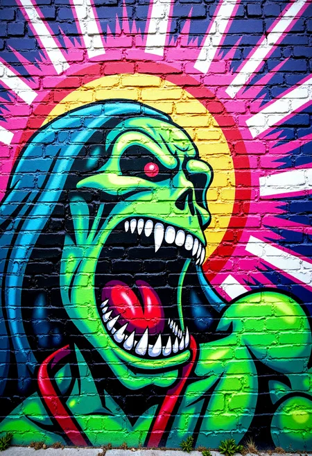 <lora:Brick_Wall_Graffiti_FLUX:1>
This is a vibrant, detailed photograph of a mural painted on a brick wall. The mural features a stylized, cartoonish depiction of  Skeletor yelling in anger