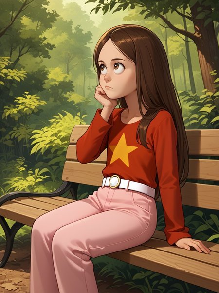 score_9, score_8_up, score_7_up, BREAK, solo , anime, wendy_maury,anime,long hair, Brown hair, in forest,  red shirt with a yellow star, long sleeves, closed mouth, outdoors, light pink pants, white belt, sit on bench, from front, looking up, thinking<lora:wendy_maury:1>