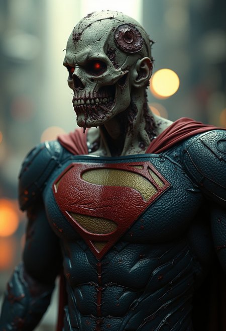 (nvinkpunk:0.8) (full body:0.6) (portrait:0.7) photograph of (undead zombie:1.1) (zombified:1.2) (armored:0.7) Superman, (rotting:1.1), (putrid:1.1), (decayed:1.1), (dessicated:1.1), (mummified:1.1), cinematic lighting, golden ratio, perfect composition, elegant, no crop, 4k, sharp focus, masterpiece, backlight, cinematic, cyberpunk, photorealistic, Bladerunner, action, moody lighting