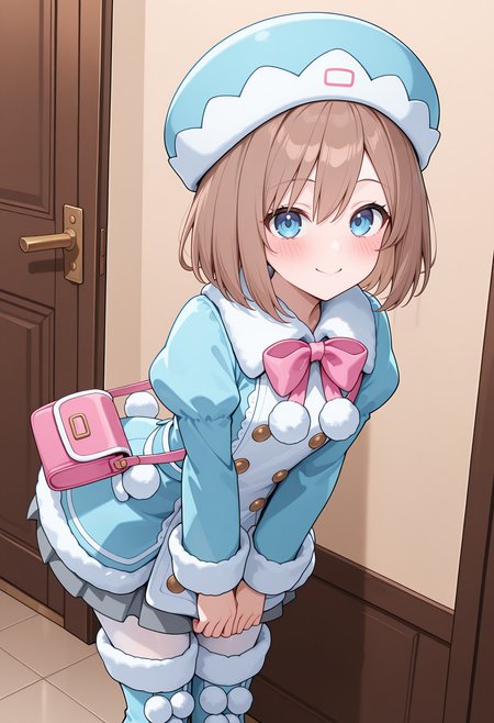 highres, best quality, masterpiece, indoors,
1girl, solo, nptrom, brown hair, short hair, blue eyes,
nromdef, hat, blue headwear, blue coat, dress coat, pom pom \(clothes\), double-breasted, fur-trimmed coat, pink bowtie, grey skirt, skirt under dress, pleated skirt, white pantyhose, bag, thigh boots, 
looking at viewer, blush, smile,
standing, leaning forward, v arms, 
<lora:_rom_neptunia-elesico-ilxlB-000013:1>