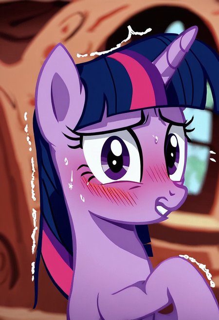 score_9, score_8_up, score_7_up, score_6_up, score_5_up, score_4_up, rating_safe, (masterpiece), (extremely intricate:1.3), (animated screencap), anime portrait of Twilight Sparkle, unicorn, female, mare, pony, solo, surprised, blushing, my little pony, upper body, sharp focus, show accurate, g4, detailed, beautiful, blurry background, indoors, golden oaks library, nervous laughter, looking at viewer, adorkable, purplesmart, giddy, excited, f1dg3tingXL, fidgeting, nervous, shy, trembling, motion_lines, sweat,