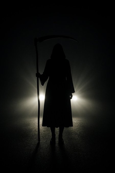 ;;; Reaper-Headlights - Cinematic-Horror
(define scythe-silhouette-night
  '((camera
     (shot full-height-centered)
     (composition symmetrical-balanced)
     (angle straight-on)
     (style photorealistic-cinematic))
    
    (subject
     (figure young-woman-silhouette)
     (weapon scythe-held-upright)
     (position center-frame)
     (pose standing-ominous))
    
    (lighting
     (primary car-headlights-behind)
     (direction backlit-towards-camera)
     (quality harsh-blinding-beams)
     (effect complete-silhouette)
     (contrast extreme-high))
    
    (environment
     (setting nighttime-road)
     (atmosphere pitch-black-darkness)
     (visibility only-lit-by-headlights))
    
    (mood
     (atmosphere
      (dark mysterious)
      (haunting dramatic)
      (eerie unsettling)
      (spooky suspenseful)
      (grim foreboding))
     (tension high-cinematic))
    
    (technical
     (detail hyper-realistic)
     (rendering highly-detailed)
     (style ornate-cinematic)
     (quality professional-grade))
    
    (composition
     (balance perfectly-centered)
     (symmetry exact-vertical)
     (focus sharp-throughout))))