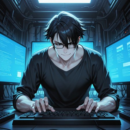 masterpiece, best quality, amazing quality, absurdres, newest, detailed background, definition so sharp, Ultra-HD, 8K cinematic, very awa, impressionate, amazing quality, highres, 
solo, male focus, manly, 
saruhikofushimi, saruhiko_black hair, saruhiko_black eyes, 1boy, short hair, glasses, typing, keyboard, multiple monitors, code, glowing screen, confident smirk, cool colors, cybernetic, skilled, powerful, charming, slightly sexy