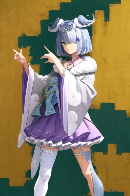 solo, 1girl, solo_focus, (((masterpiece))), ((best quality)), ((ultra-detailed)), high resolution, absurdres, highres, ultra-detailed 8k unity wallpaper, 
elira2st, tiara, japanese clothes, grey kimono, wide sleeves, single thighhigh, purple skirt, off shoulder, necklace, fur trim, thigh strap, tabi, sandals, purple nails