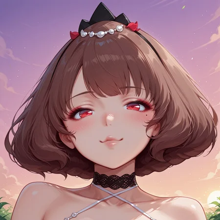 1girl, solo, (blush, sexy, looking at viewer, poutty lips, naughty, smile), Anna Calivela, short hair, brown hair, red eyes, mole under eye, large breasts, wide hips, defaultanna, headress, choker, portrait, BREAK, garden, sunset, orange sky, purple sky