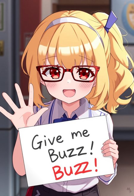 score_4,score_5,score_6,score_7_up,score_8_up,score_9 ((masterpiece,best quality,ultra detailed,highres,HD,4k:1.2)), 
1 girl,solo,face focus,
blonde hair,red framed eyewear,forehead,ponytail,wavy hair,medium hair,red  eyes,droopy eyes,sleepy eyes,headband,blue ribbon,
striped shirt,collared shirt,employee uniform,black pants,
(("Give me Buzz.",Beggars Borad,Holding a sign, holding a sign that says, "Give me Buzz."))
looking at viewer,smile,happy,open mouth,Waving to the audience,