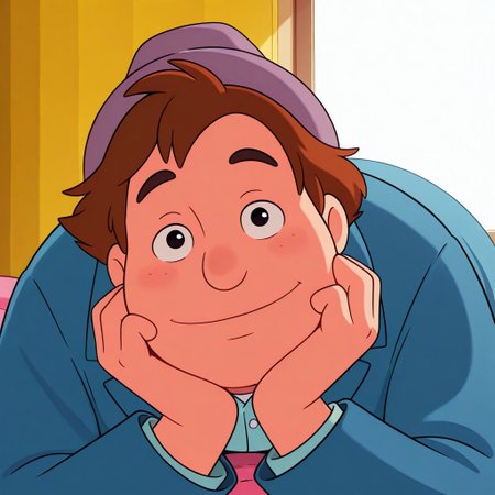 colorful, vibrant, very aesthetic,
masterpiece, best quality, detailed background, absurdres, high quality, 
cp-birdie, 1boy, toon \(style\), solo,
, fedora hat, blue coat, close-up, light smile, hands on own cheek, on stomach, looking at viewer, straigt-on,