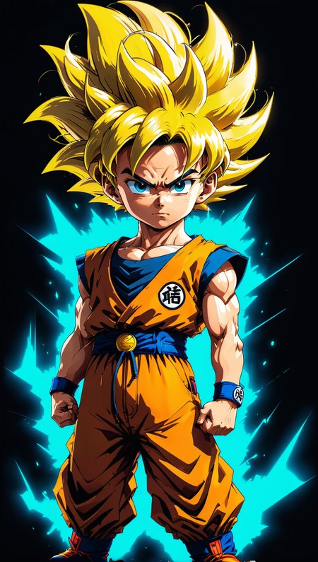 Cyberpunk style, (cel-shading style:1.3), centered image, ultra detailed illustration of Son Goku when was a kid, posing, (tetradic colors), inkpunk, (ink lines:1.1), strong outlines, art by MSchiffer, bold traces, unframed, high contrast, (cel-shaded:1.1), vector, 32k resolution, best quality, flat colors, flat lights<lora:xl_more_art-full_v1:0.5> <lora:leonardo_illustration:0.6>