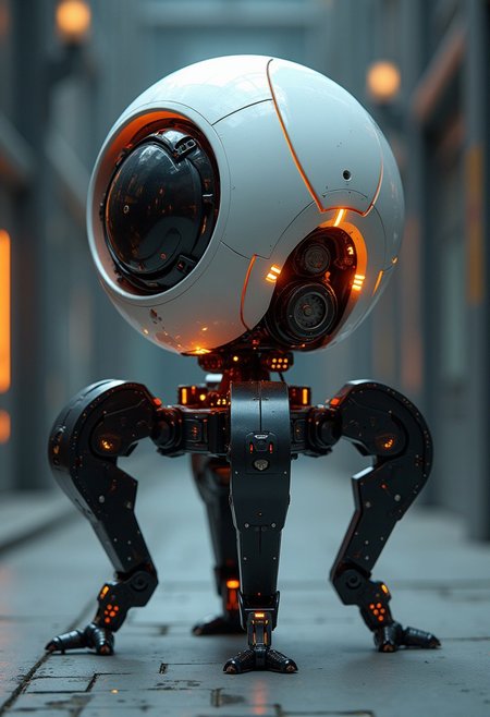 Create a highly detailed, futuristic spherical mech. The lower half of the sphere transforms seamlessly into four symmetrical triangular segments that taper to sharp points, acting as the mech's legs. These triangles are not additional attachments but integral parts of the sphere’s structure, folding and unfolding with precision. The mech stands in a high-tech environment, with intricate mechanical details and illuminating accents that highlight the transitions from its spherical form to its sharp, angular legs. Emphasize the fusion of form and function, reflecting the advanced technological design within a dynamic and illuminated setting.