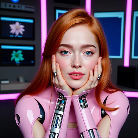 surrealist art expressionist ultra lighting, cinematic, cinematic lighting, ultra realistic, ultra quality, analog photo, old photo feel, 35mm, shot by Kodak Duaflex II,  full body shot,   <lora:jialissa-ultimatev2:1.1> <lora:pasteBot02FL:0.7> futuristic, pink, blue, ajpasbot, a beautiful redhead woman with a full robotic body, dynamic posing, looking at the viewer, smiling, sensual pose, ultra detailed skin, flawed skin, ultra quality, ultra detailed, ultra realistic, she's in a futuristic tech base with floating holographic monitors, full floral dress, robotic arms, high neck dress, wearing tall leather boots, electric blue cyebernetic eyes, . raw, emotional, dynamic, distortion for emotional effect, vibrant, use of unusual colors, detailed . dreamlike, mysterious, provocative, symbolic, intricate, detailed