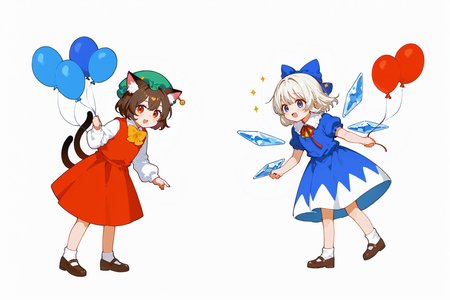 (score_9,score_8_up,score_7_up),holding a red balloon,
BREAK
2girl,touhou,blue_bow,hair_bow,ice_wings,blue_dress,puffy_short_sleeves,red_ribbon,cirno,blue eyes,