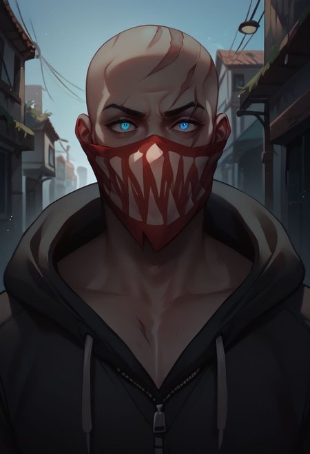 (((beautiful, hyper realistic, high quality))), score_9, score_8_up, score_7_up, solo, ((upper body)),
1boy, Pyke, dark skin, tatto, blue eyes, bald, scars, red mask with printed teeth, Black hoodie, rolled up sleeves, dark alley,
Dark background, blurred background,