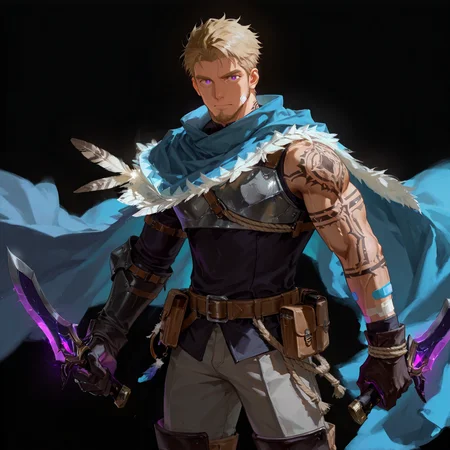 <lora:Basheeny__Alchemist_Code-000003:.7>, (tagatamebasheeny, 1boy, blonde, short hair, purple eyes, solo, male focus, manly, bara, mature male, muscle body, cape, feather, shirt, gloves, bandaid on arms, gloves, chest armor, pouch, rope, purple glowing, tattoo on one arm, pants, armor, boots, dagger, dual wielding) 
(looking at the viewer, cowboy shot)
(very short hair, beard, bara, mature, facial hair, stubble, beard, full beard, sideburn, beard, a lot of beard, ), facial hair,male focus, muscular male, muscular male, bara, mature,  bara, mature, aixiwuganda_(20222192), very awa, masterpiece, best quality, absurdres, newest, perfect quality, detailed background, intricate details,
<lora:slider_Body Type_alpha1.0_rank4_noxattn_last:3><lora:Anime Summer Days 2 Style SDXL_LoRA_Pony Diffusion V6 XL:.6><lora:slider_cfg_scale_boost:.7><lora:Artist6p:.55>, Artist6p, Artist04p,<lora:slider_il_brightness_slider_d1:-1><lora:slider_il_contrast_slider_d1:-1><lora:slider_DarkSlider1.2_alpha1.0_rank16_full_300steps:-.6>