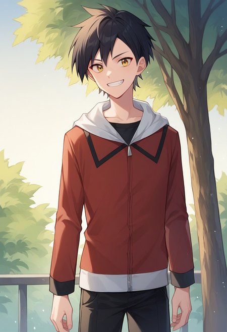 score_9, score_8_up, score_7_up, source_anime, highly detailed, 
pokegold, 1boy, male focus, solo, jacket, pants, black hair, closed mouth, long sleeves, red jacket, hood, white hood, short hair,  zipper pull tab, bangs, standing, yellow eyes, t-shirt, black pants, black t-shirt, smile, grin,
outdoor, tree, sky,