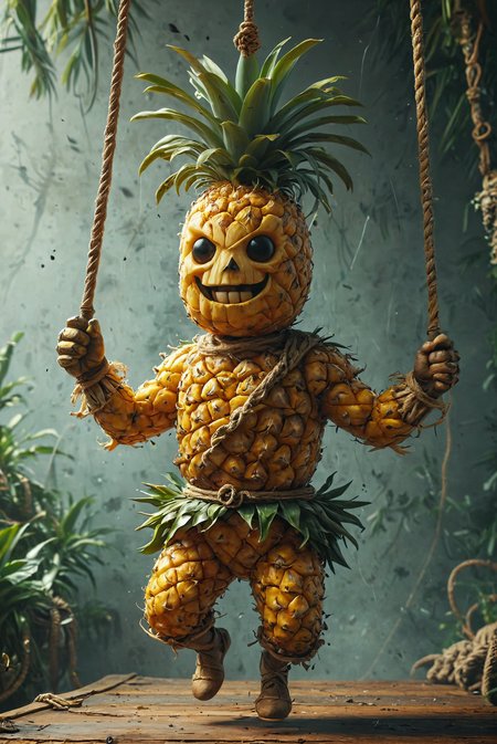 art by Antonio J Manzanedo, a detailed pineapple pirate (swings through the air on a rope:2.0).
deep  depth of field, hyperdetailed photography, masterpiece, best quality, high quality, highres, ultra-detailed, best quality, 8K, high resolution, extreme detail.
<lora:add-detail-xl:2> <lora:MJ52:0.5> <lora:great_lighting:3> great lighting, <lora:PineappleMorph-SDXL-V0.1:1>
