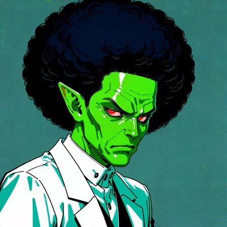 masterpiece, best quality, amazing quality, very aesthetic, absurdres, newest, drvenoilxl, 1boy, red eyes, male focus, pointy ears, green skin, white lab coat, bald,  (((old man))),  wrinkles, alien,looking at viewer, ((plain background)), solo, scowl,  ((white collar)), ((buttoned collar)), close up, portrait, (((afro))),  side view, 45 degree angle