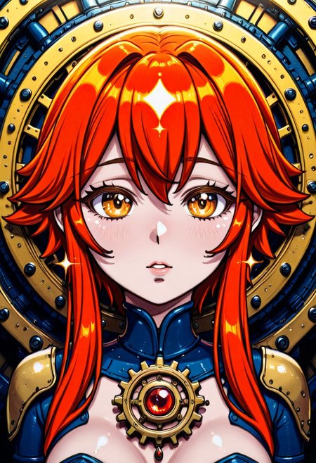 A close-up shot of a red-haired woman's face, her bright locks tangled with intricately crafted gears and cogs that form her body. Her eyes sparkle like polished gemstones as she tilts her head, the machinery beneath her skin glinting in the warm golden light.