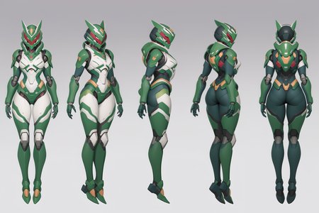 (GENERAL:0), mecha, robot, masterpiece, best quality, very aesthetic, absurdres, solo, standing,
(VIEWS:0),  full body character turnaround of mecha,
Multiple views of the same mecha,  (simple background, white background:1.2), multiple views, side view, back view, front view, 
,
mask, helmet,
Skunk\(animals\)ï¼
EVANGELION EVA-01 TEST TYPE,
plate armor, power suit, alien,
android, cybersuit, upper armor, mechanical arms, machinery, prosthesis,
(bodyshape:0), Petite body,
(clothing:0), (Elegant off-the-shoulder A-line dress with delicate lace details:0.6), 
(cyan  
medieval  theme character design:1.1),
 <lora:MechTurnXLRemix_v1:.75>
 <lora:MechTurnXL_v1:.25>
<lora:ClothTurnXLRemix_v1-000004:.25>
 <lora:ClothTurnXL_v1-000004:0.25> 
<lora:CharTurnXL_v2:0.25>
 <lora:xl_more_art-full_v1:.25>,
 <lora:Alphonse Mucha Style:.1>, Alphonse Mucha Style page
 <lora:å½é£æç»SDXL:.1>