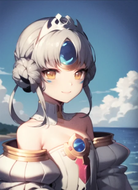 <lora:eve1-000009:1>, empress1, upper body, smile, outdoors, simple background, sky, day,