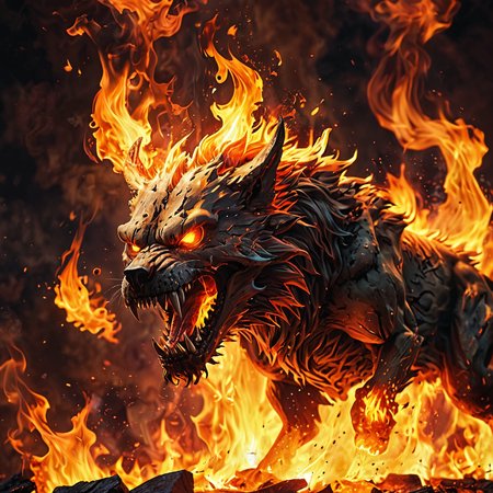 angry wolfskullheaded burninghellhound jumping in the hell, burning wolfhead, wolfhead skull in flames, runes, burning, angry, mad, agressive, symbols,, glowing, radiance, rays, fire, blaze, fantasy, RPG,  firemagic, flames, best quality, ultra-detailed, analog style, cinematic light, sidelighting, ultra high res, serious look, hell in the background smoke, burning fur, <lora:LCM_SD15:1>