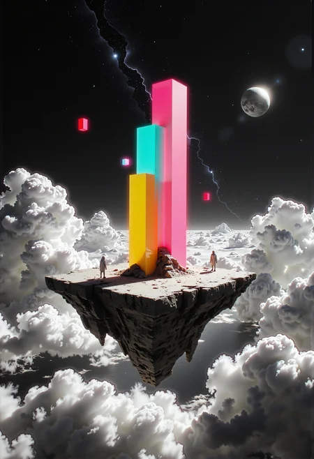 highest details, ultra hyper realism. highly detailed and realistic. intricate and highly professional artwork, an absolute masterpiece.
Monochrome with color geometric shapes, a desert island hovering amidst a cloudy sky with fluffy clouds, null zero gravity, nebulae and super novae in the sparkling sky above, the dusk beats relentlessly, outrageous beauty of a bizarrely surrealistic minimalism. neo futurism, hyper realism, dynamic minimalism. 
<lora:neon-mist03:0.8> neon-mist  <lora:GrainScape:0.8> 8n8log, film photography aesthetic, film grain effect prominent throughout image, high contrast lighting creating dramatic shadows, grainy film-like texture  <lora:artilands_v02_epoch_6:0.25>