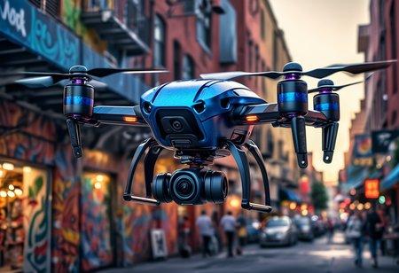 award winning, (professional photo) of (rugged micro blue drone) with reflective-surfaces body, ducted fans, fixed-wing structure,   the drone is flying over  a vibrant urban quarter, with colorful murals, eclectic markets, diverse dining options, active community life, under the stars, , creative, beautiful, vibrant, masterpiece, 64k, UHD, HDR, full view, atmospheric lighting, extremely detailed