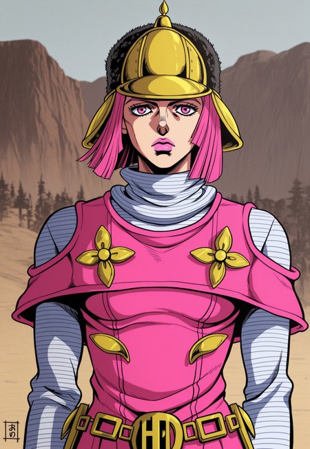 jojo's bizarre adventure, hirohiko araki style,  anime, masterpiece, best quality, detailed background, 8k, 1girl, solo, hot pants, pink hair, short hair, pink lipstick, pink eyes, gold helmet, black fur cap, white striped shirt, long-sleeve shirt, baggy turtleneck, pink dress, layered dress, gold accessories, outdoors, wild west background, face close-up, emotionless, half body, staring at viewer, no pose,