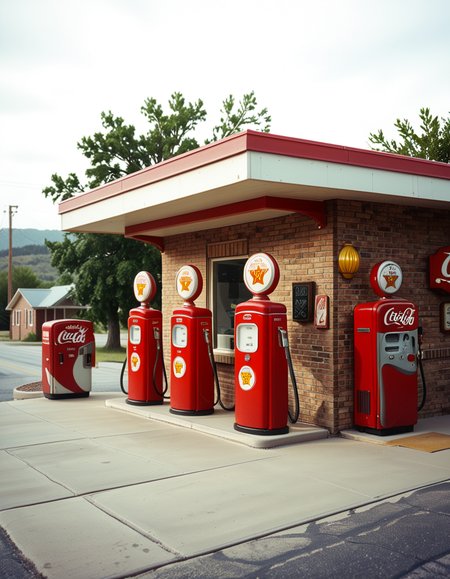 A realistic vintage photograph of a 1950s American gas station with no people present. The small brick building has a flat roof with a wide canopy extending over two classic red gas pumps from the 1950s, featuring chrome details, round meters, spiral hoses, and retro branding like "Texaco" or "Shell".The ground is old concrete with cracks and oil stains. Beside the station, there's a vintage Coca-Cola vending machine and a hand-painted wall sign that reads âDrive Safely!â. The sky is lightly overcast, casting soft shadows and a nostalgic mood. In the background, leafy trees, distant low hills, and an empty country road stretch into the distance. The photo has a slightly faded, desaturated color palette with warm vintage tones and a subtle grain, mimicking the look of 1950s Kodak film photography. The overall atmosphere is calm, quiet, and deeply nostalgic.
<lora:SDXLFaeTastic2400:0.4> <lora:extremely_detailed:0.4> extremely detailed, <lora:1950s_American_gas_st4t10n:1>,1950s American gas st4t10n, Masterpiece,best quality,hi res,8k,hi res,8k,award winning,(sharp focus, intricate, highly detailed),