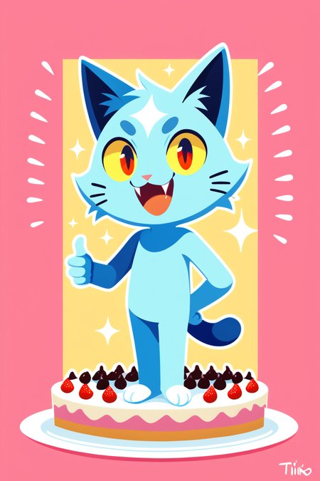 ((2dstyle, flat color)),  score_9, score_8,((no shading,lineless ,flat color)), cat, 1boy, (((anthro, full body, good anatomy))), cute, green outlines, light blue fur, yellow sclera, smile, :3, open mouth, cartoony, fangs, colorful stars, blue abstract background, standing, tail, cartoony face, looking at viewer, cake, sweets, candy, colorful, colorful background, (((sfw, thumbs up))), thumbs_up