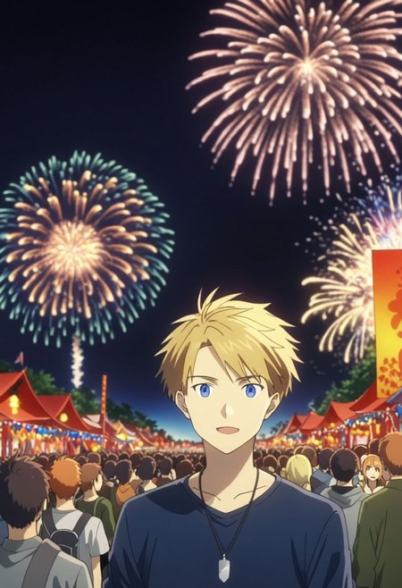 high resolution, professional photography, best quality, 1Boy, Yamato Ishida, blond hair, deep blue eyes, necklace, festivals, nights, fireworks, crowds, happy, OverallDetail