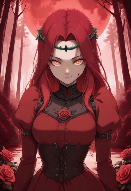 masterpiece, best quality, very aesthetic, absurdres, 1girl, solo, looking at viewer, downturned face, slight smile, red hair, long hair, glowing red-orange eyes, rust red dress, long sleeves, rose patterns on puffy shoulder sleeves, collared dress, black lace collar with one large red rose in the center, circular (black circlet) of thorns on her head, corset with leather straps, thorny rose vines, detailed background, low-key, red haze, red roses, dark fantasy forest, blood moon behind the trees. 