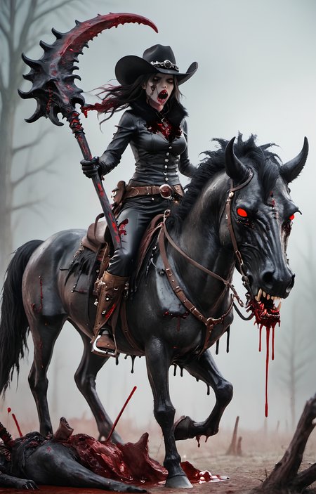 an undead cowgirl riding a Black demon horse (animal),Black horn,Dark Red eyes,blood dripping from mouth,blood dripping from horn,thick fur,horror,extremely detailed CG unity 8k wallpaper,perfect lighting,(masterpiece:1),(best_quality:1),ultra high res,4K,ultra-detailed,photography,8K,HDR,highres,(absurdres:1.2),Kodak portra 400,blurry background,(bokeh),professional photograph,