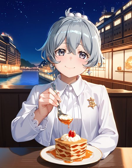 score_9,score_8_up,score_7_up,masterpiece, best quality, <lora:WHM 0.2v:0.5>, WHM, 2D,anime,  
red eyes male and grey eyes  female, 
 1girl, incoming food, holding spoon, pov across table, seductive smile, 
<lora:IncomingFood_pdxl_Incrs_v2:1>, 
 fantasy,  dungeon ni deai wo motomeru no wa machigatteiru darou ka style,  
outdoors, night ,lake, huge cruise ship restaurant, cruise ship,  star,sky, 
<lora:Cruise_ship:1>
BREAK
<lora:DanMachi_SyrFlovaXL:0.8>  short hair, short ponytail, grey hair, grey eyes, hair between eyes, hair bobbles, earrings, SyrDate, cropped jacket, white jacket, collared shirt, (white shirt), long sleeves, bow skirt, pleated skirt, white skirt, white bow , thigh gap, shoes, embarrassed, happy,
