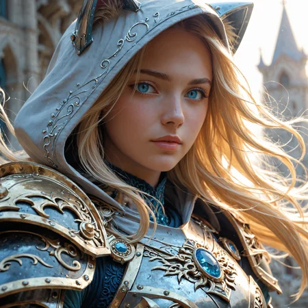 score_9, score_8_up, score_7_up,
(close-up:1.1),
1girl, cat ears, bright (slit:1.1) pupils,  blonde long hair,
(shoulder armor:1.2), (armored gloves:1.2), ornate, intricate, blue gemstone, 
(hood:1.2), (one eye covered:1.1),
fantasy, masterpiece, vivid, volumetric lighting, sunlight, (wind:1.2)
<lora:Fant5yP0ny:0.5>