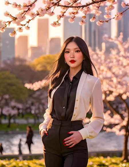 NJZH43R1N, In a bustling urban park under the golden glow of a setting sun, a captivating woman with jet-black hair and striking red lips, dressed in tailored black pants and a long-sleeved blouse, stands alone against a backdrop of blooming cherry blossoms. The camera, positioned at eye level, captures her in a thoughtful portrait pose as she gazes intently into the viewer's eyes, creating an intimate and unforgettable moment that transcends the hustle and bustle of the surrounding cityscape.