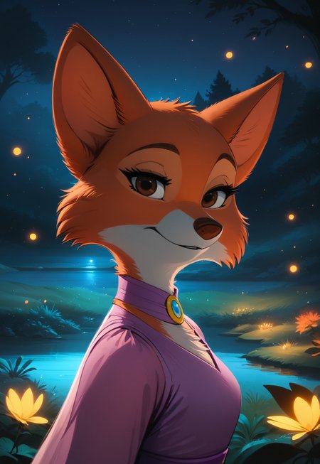 safe_pos, score_9, score_8_up, score_7_up, source_furry, rating_explicit, furry \(style\), toon \(style\), high-definition, masterpiece, best-quality, 4k, 2k, aburdres, perfect shadows, sharp focus, bokeh, extremely detailed CG unity 8k wallpaper, on model, flat color, upper body, MarianC, female, orange fur, brown eyes, brown nose, tail, pink wimple, broochC, purple dressC, pink chemiseC, outdoors, night, forest, lake, fireflies, light particles, soft glow,  Expressiveh