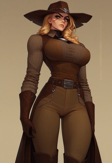 Score_9, Score_8_up, Score_7_up, Score_6, Score_5, Score_4,((best quality)) ultra detailed, aesthetic, extremely detailed eyes and face, perfect body, perfect eyes,
1girl, solo, blonde curls, early colored eyes, scar on the face, scar on the nose, scars on the body,
Slim Figure, Narrow Waist, Wide Hips, (High Breasts), big breasts, Perfect Round Breasts, Perfect Round Butt,
-- clothes -- cowboy hat, leather vest, long sleeved shirt, gloves, cowboy boots, sheriff's badge,
((wild west,Girl standing in the saloon, serious expression on her face.))