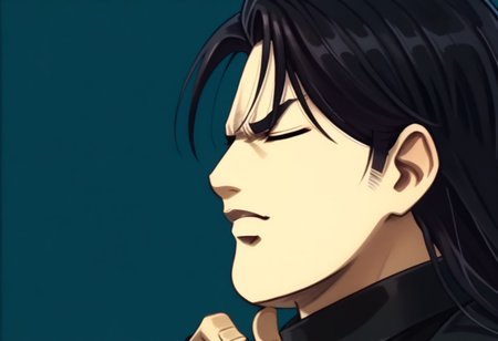 score_9, score_8_up, score_7_up, detailed background, cromartie, 1 boy, shade face, cromartie, anime screencap,hugbaldw,grey cutoff jacket, body harness with holy cross design, long black hair, black shirt, black pants, (hand on chin1.2), eyes closed