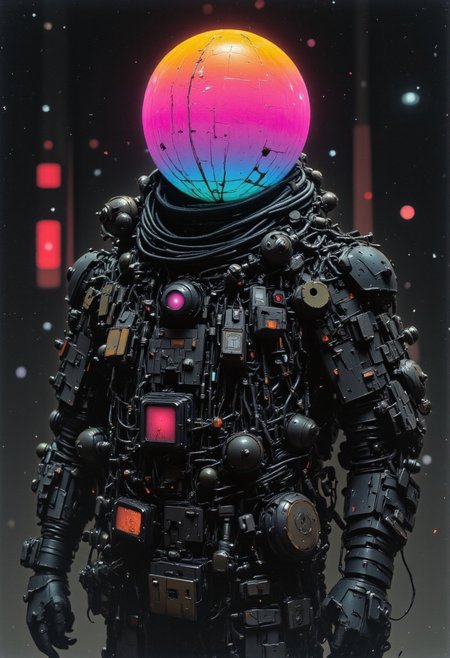 R3alisticF, Monochrome with color, retro scan of spectral neon Gradient ascii_art, a 80s Sci-fi Ethereal. Dark space, 80`s sci-fi , neon-pastel colors, grainy, vintage.
a mesmerizing construct of intricate mechanical components and faint remnants of its cyborg origins. Its form is a masterpiece of engineering, composed of countless interlocking plates, exposed gears, and micro-cables weaving through its frame like synthetic veins. Shimmering wires pulsate with a faint, rhythmic glow, hinting at an advanced power core deep within.