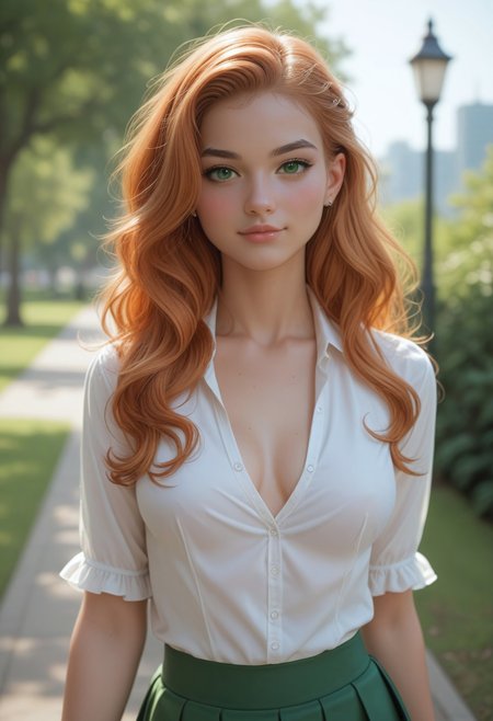 safe_pos, score_9_up, scorscore_9_up, score_8_up, score_7_up, bellissima, Chr1stm4s Cut13 3lf, cute, 1girl, solo, young, pretty face, sexy, long flowing ginger hair, big bright green eyes, medium breasts, white blouse, green skirt, black pantyhose, blush, walking in a park, pouty lips curled in a slight smile, depth of field.

