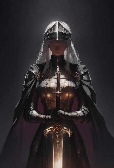 score_9, score_8_up, score_7_up,  female, dark knight, long white hair, beautiful face, bulky, heavy, visor helmet, medieval, dark theme, armor, golden sword, golden trim, black cape  <lora:pony/concept_art_ultimatum_style:0.8> <lora:sdxl/sinfully_stylish_sdxl>