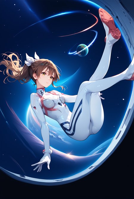 score_9, score_8_up, score_7_up, score_6_up, score_5_up, score_4_up,anime source,
  misaki,1girl,ponytail,hair ribbon,brown hair,yellow eyes,
Evasuit08, white bodysuit,
space,floating,on back,<lora:MisakiXLPony:0.8>,<lora:Eva08XLPony:1>
